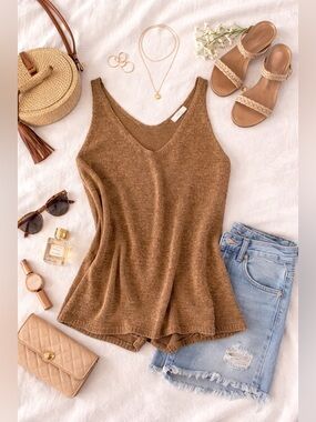 Mine Brown Knit Tank Top | Lightweight V-Neck Sweater Cami | Size S